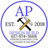 A circular company logo for AP Design Build, featuring a hammer and ruler icon, contact information, and business status.