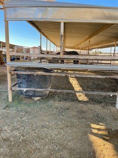 Covered corral with a large water trough. Ground is dirt/sand. Structure is metal/wood.