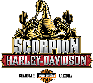 Scorpion Harley-Davidson logo with gold scorpion, red banner, and Chandler, Arizona text