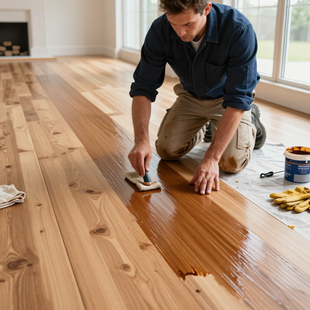 Person kneeling to apply finish to a wooden floor in a bright room