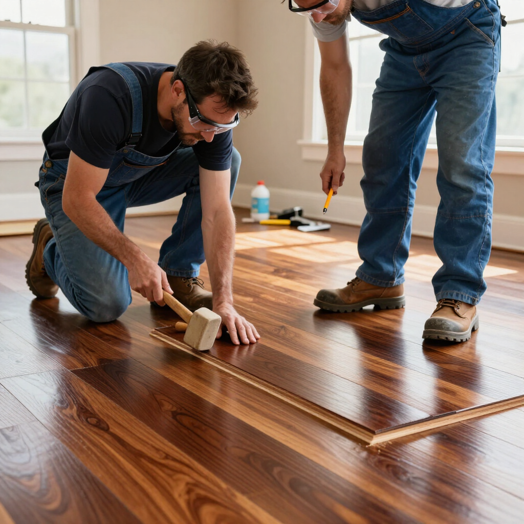 Two workers installing a glossy wood floor with tools in a bright room