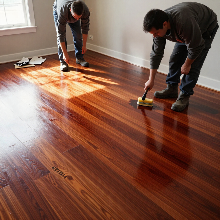 Two workers refinishing a glossy wooden floor in a sunlit room.
