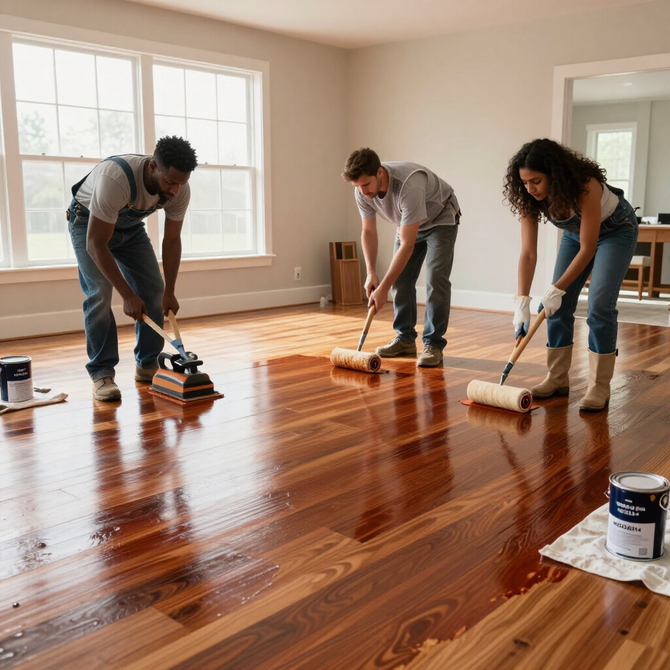 Three people applying varnish to a glossy wooden floor in a sunlit room