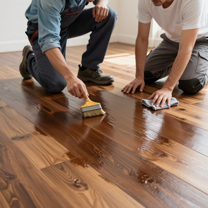 Two people kneeling and applying finish to a wooden floor with brushes and a cloth