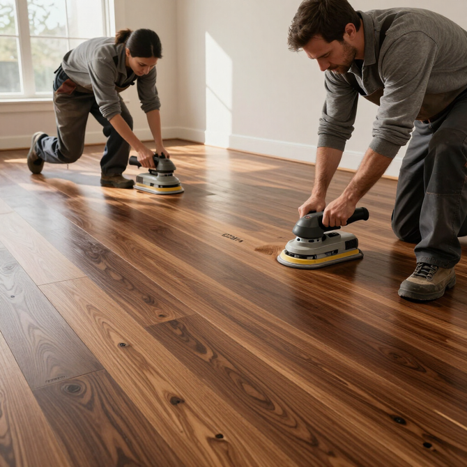 Two workers sanding a wooden floor in a bright room