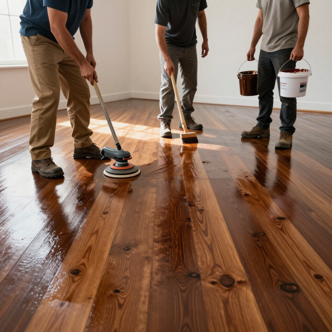 Workers sanding a glossy wooden floor in a bright room with tools and finish buckets
