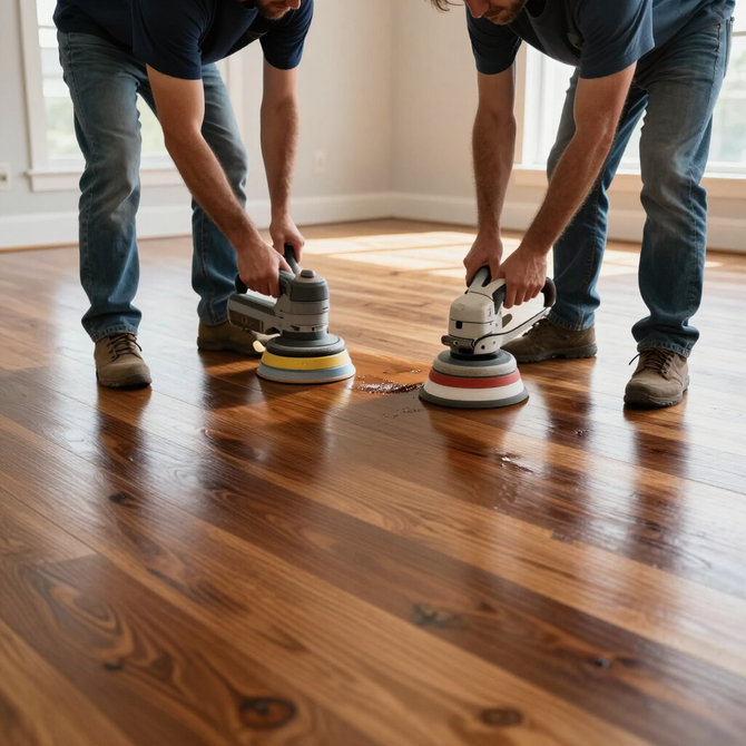 Two people using floor buffers on a polished wooden floor in a bright room