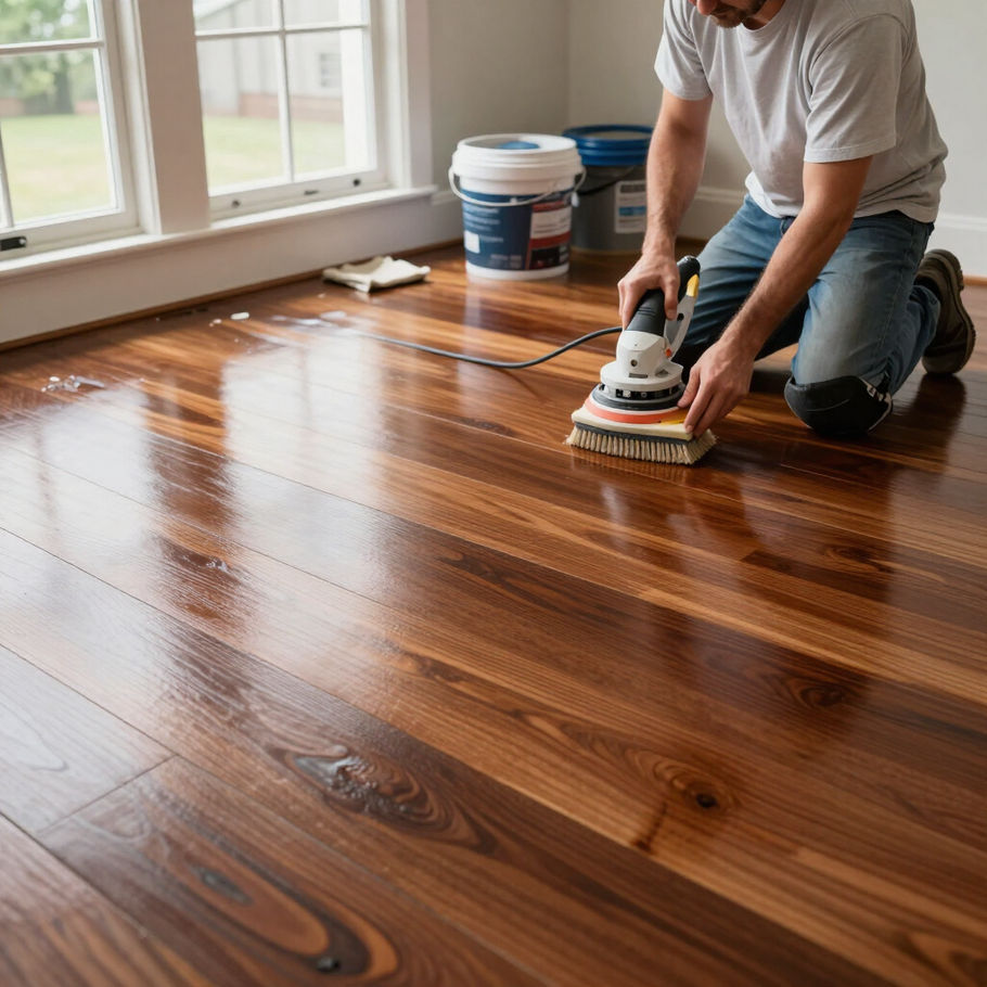 Person sanding a glossy hardwood floor in a sunlit room near a window