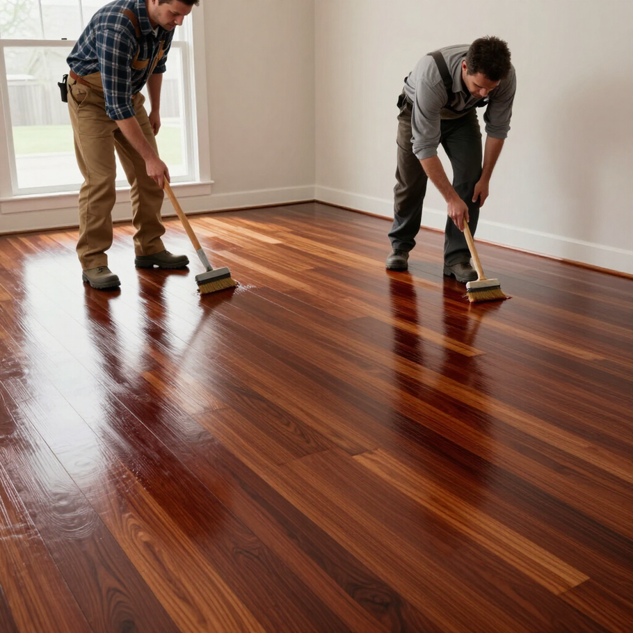 Two workers polishing a glossy wooden floor in an empty room.