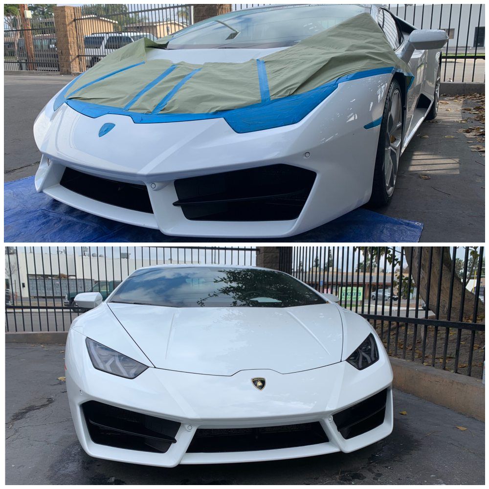 Lamborghini sports car in two views: masked front during paint prep and finished white front view