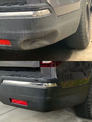 Rear view of a car showing a before-and-after bumper replacement, gray above and black below.