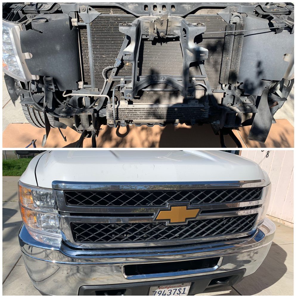 Truck front with bumper removed, showing exposed radiator and grille, above a white Chevrolet pickup front view.