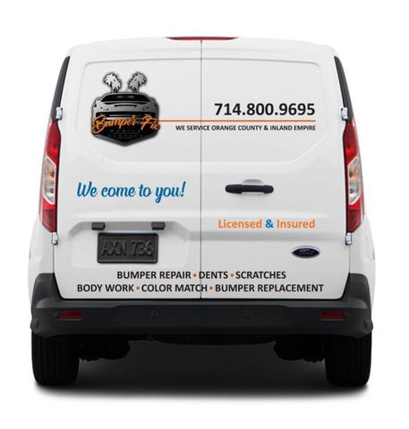 White van rear advertising auto body repair, with phone number and “We come to you!” on the back.