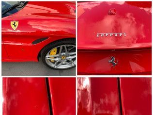 Collage of a red Ferrari sports car showing the logo, wheel, and rear badge details.