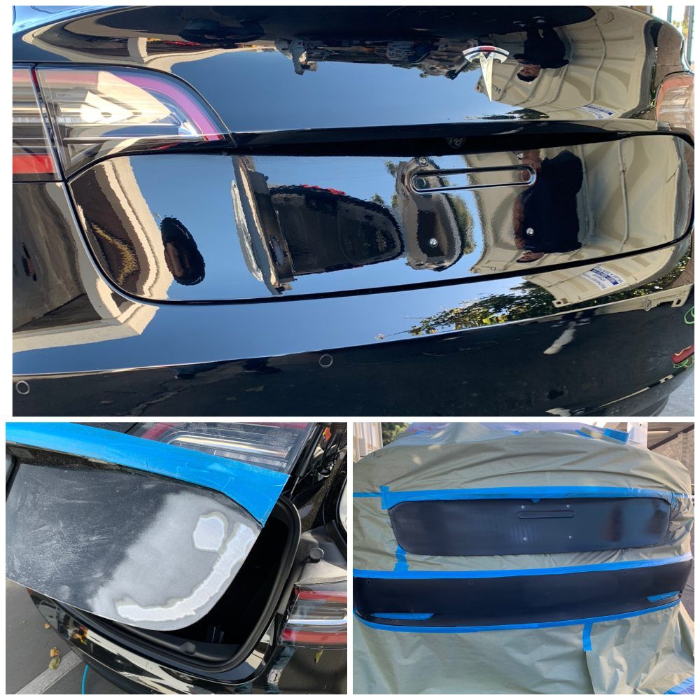 Collage of a black car’s bumper and panels showing dents, scratches, and repair work with tape and primer
