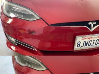 Close-up of a red Tesla front end with California license plate, shown in two stacked views.