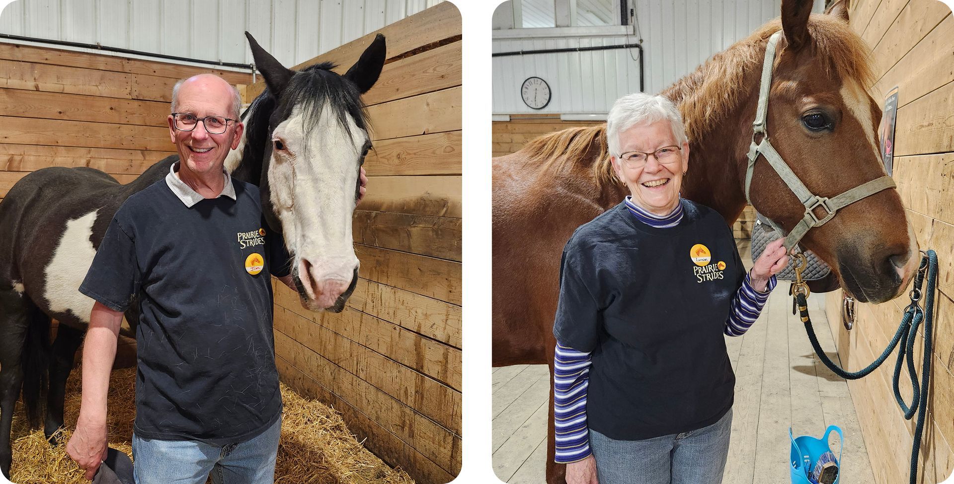 A man and a woman are standing next to a horse in a stable.