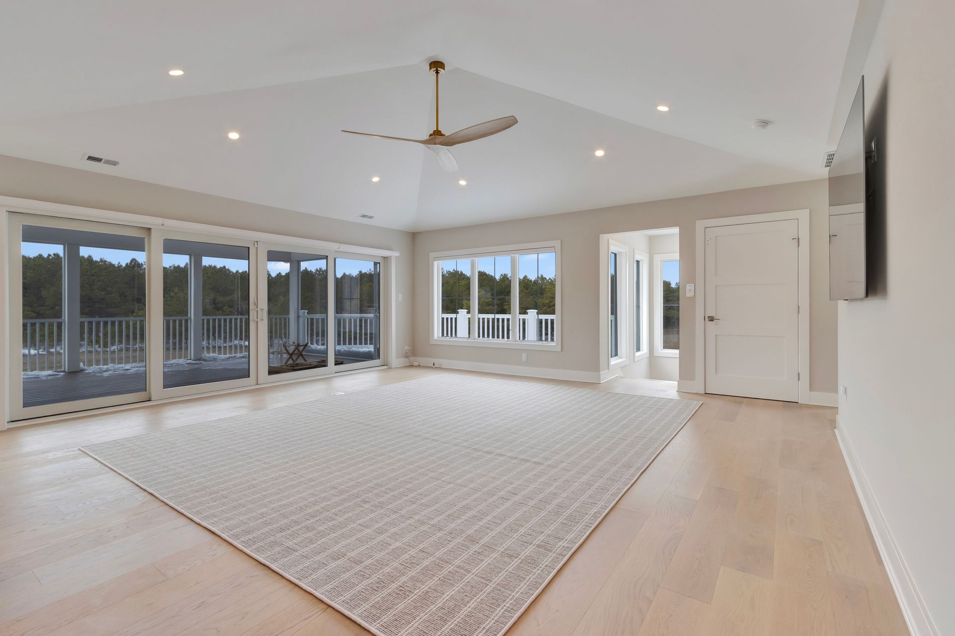 Spacious room with light wood floors, large neutral rug, sliding glass doors to a deck, and recessed lighting.