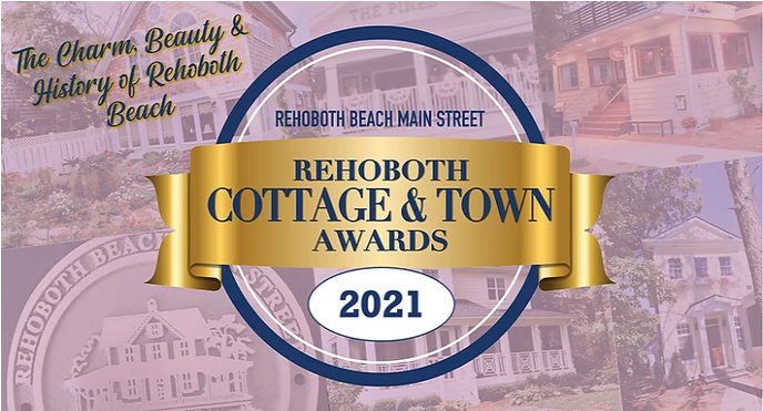 Rehoboth Beach Cottage & Town Awards logo with text on a gold banner and photos of cottages.