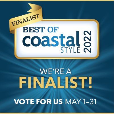 Coastal Style 2022 finalist announcement. Gold and blue design. Text: