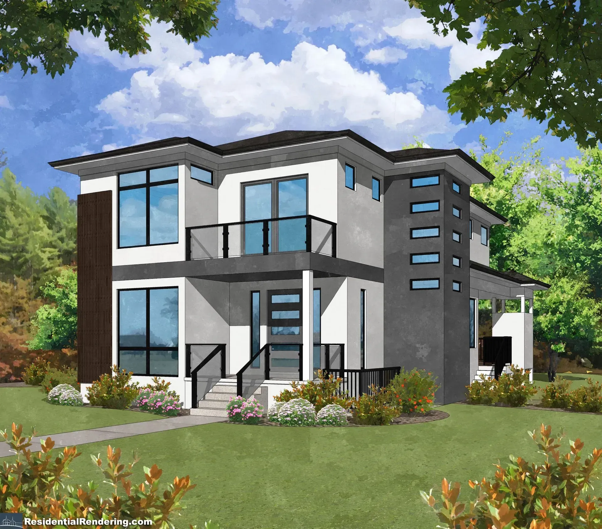Modern two-story house with white and gray exterior, large windows, and a dark brown accent. Landscaped yard.