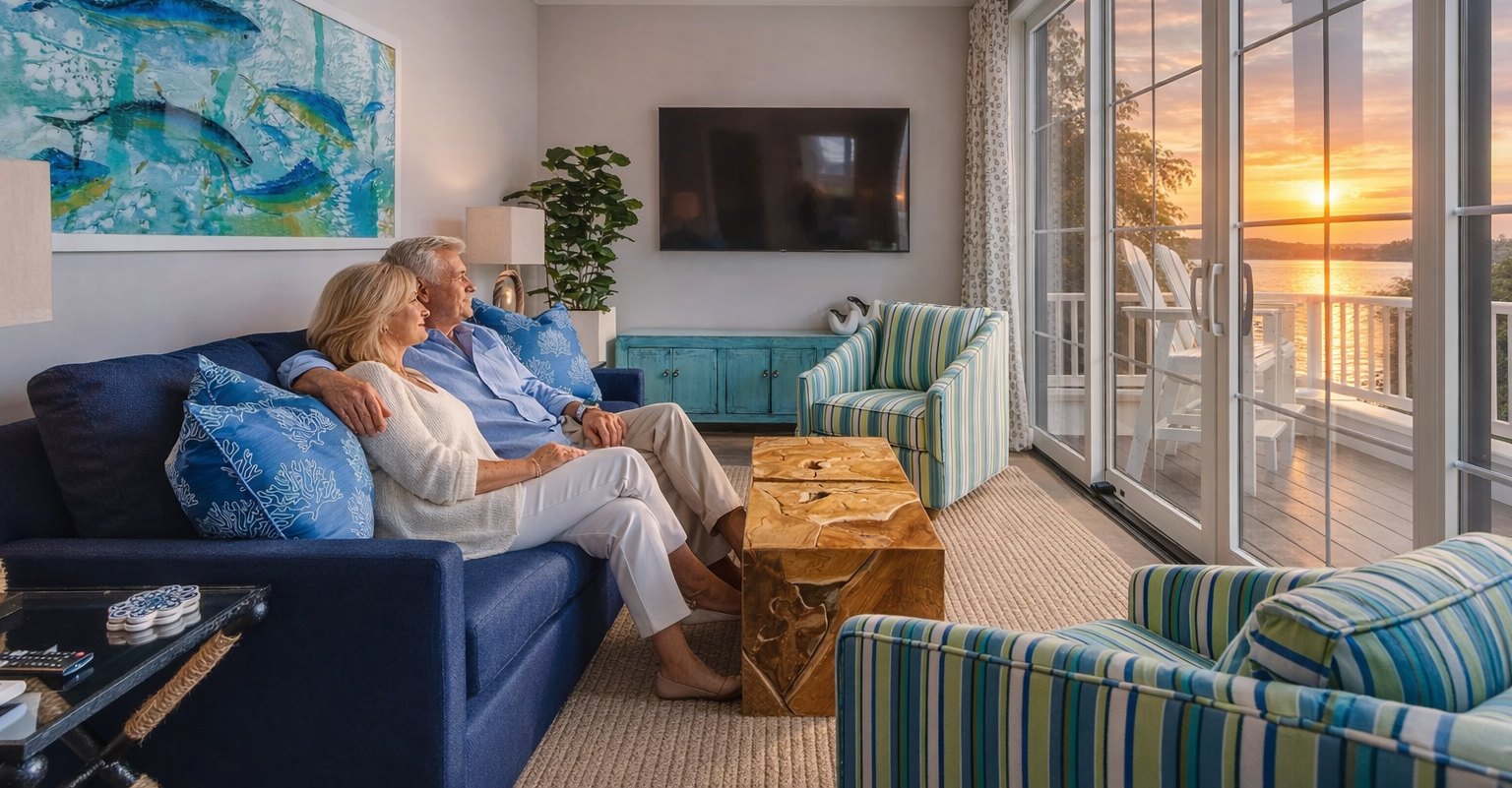 Sunlit living room with two people on a blue sofa, ocean view through windows, and teal striped chairs.