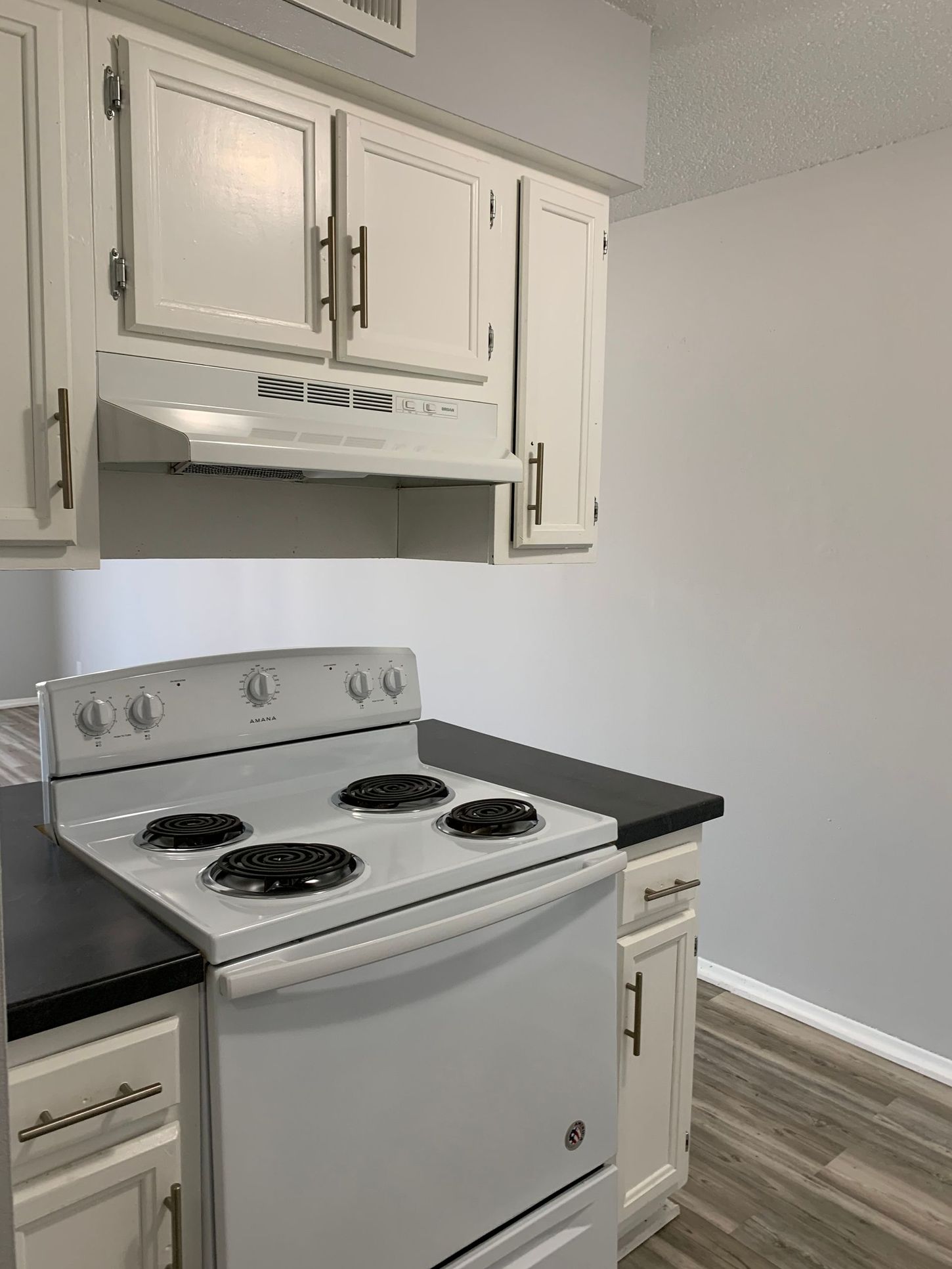 a kitchen with white cabinets and a white stove top oven .