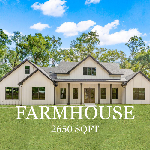 White farmhouse with dark trim against a blue sky, text reads