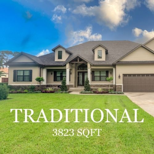 A beige, traditional-style house with a green lawn and blue sky. Text:
