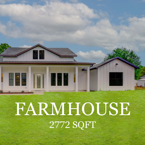 White farmhouse with dark trim, sitting on green lawn, under cloudy sky. 2772 sqft.