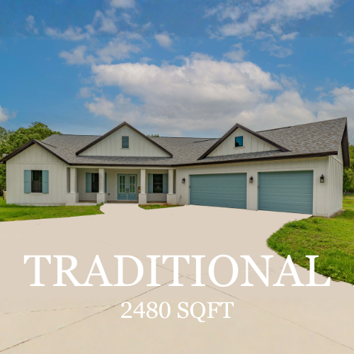 Traditional style house with blue accents, 2480 sq ft, on a sunny day.