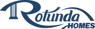 Logo for Rotunda Homes, dark blue text with a stylized arch and a column,
