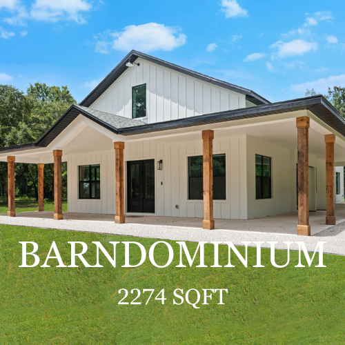 White barn-style house with porch and wooden columns, text reads
