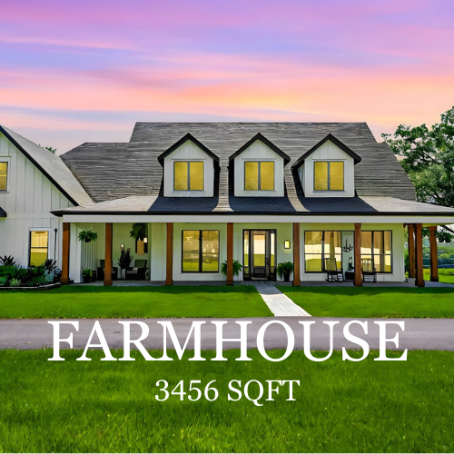White farmhouse with black trim, porch, and dormers. Green lawn, blue sky, and text: