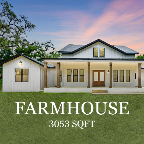 White farmhouse with a porch and detached garage, under a colorful sunset sky. 3053 sqft.