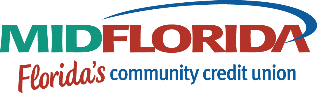 Logo for MIDFLORIDA Credit Union: green and red text, blue arc, 