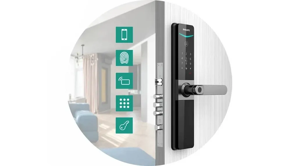 Cerradura inteligente negra con manija sobre fondo blanco