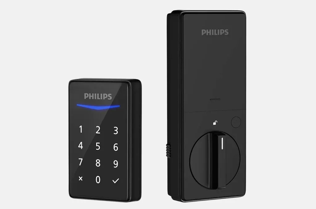 Cerradura digital Philips negra con teclado y pomo giratorio.