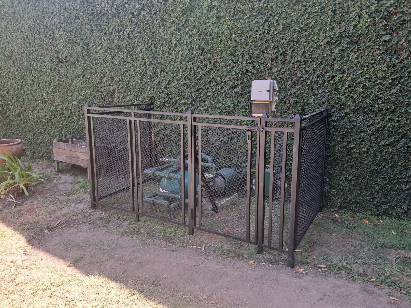 Recinto metálico exterior junto a un seto, que contiene varios patos sobre suelo de tierra.