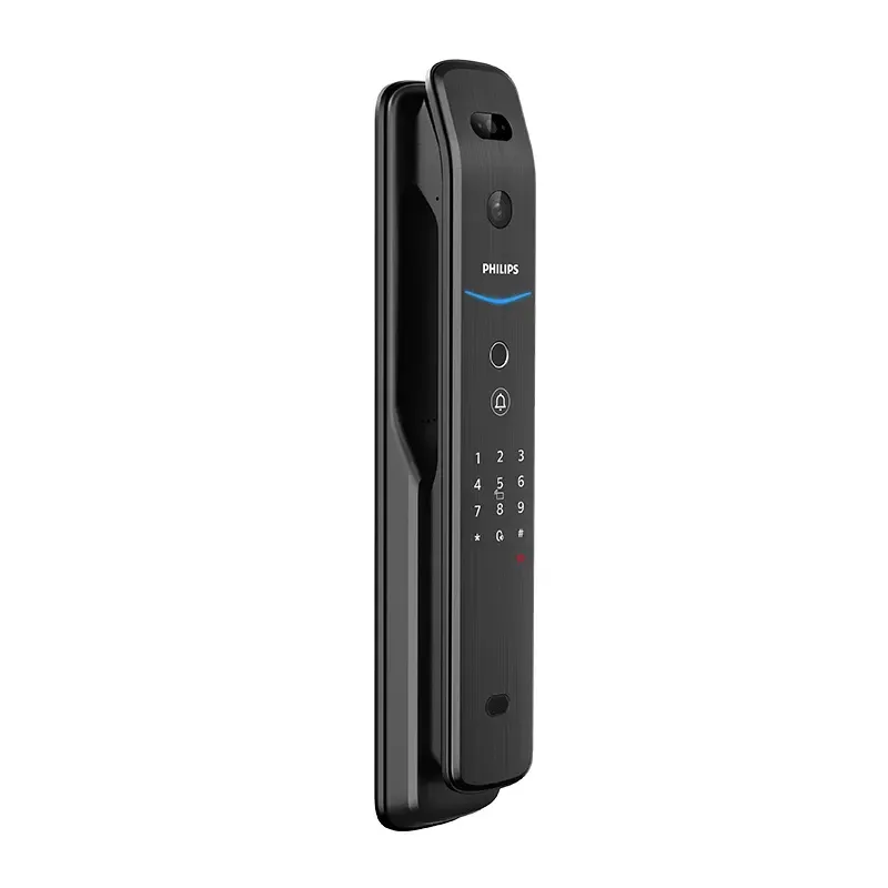 Base y auricular de teléfono inalámbrico Philips de color negro, mostrados de frente y de espaldas sobre fondo blanco.