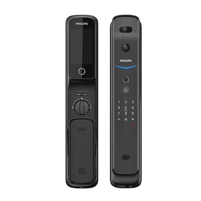 Base y auricular de teléfono inalámbrico Philips de color negro, mostrados de frente y de espaldas sobre fondo blanco.