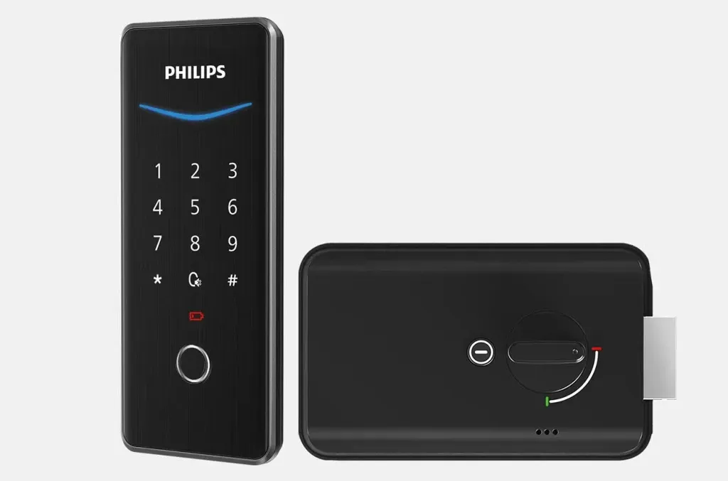 Cerradura digital Philips negra con teclado y pomo giratorio.