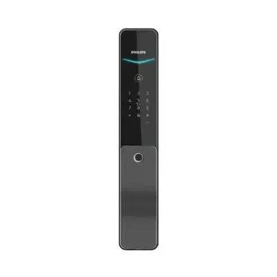 Cepillo de dientes eléctrico plegable negro y plateado con pantalla LED y base de carga.