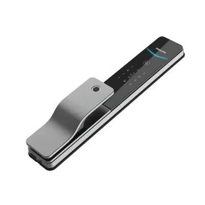 Cepillo de dientes eléctrico plegable negro y plateado con pantalla LED y base de carga.