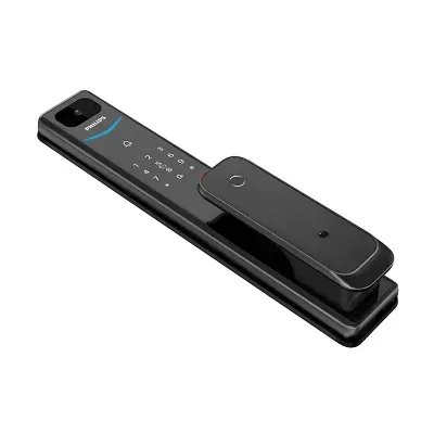 Cerradura digital negra con teclado táctil y manilla sobre fondo blanco.
