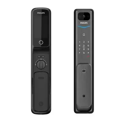 Cerradura digital negra con teclado táctil y manilla sobre fondo blanco.