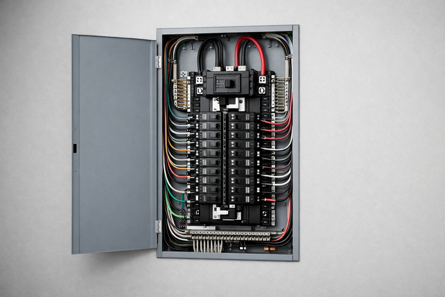 Open electrical service panel with a main breaker, multiple branch circuit breakers, and color-coded wiring on a wall.