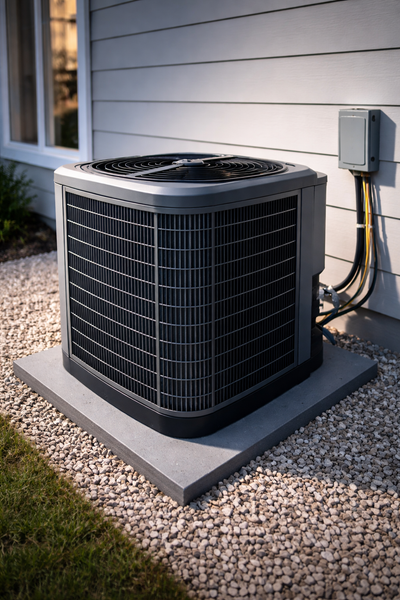 A gray central air conditioning unit sits on a concrete slab in a gravel bed next to a house exterior.