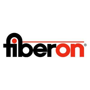 Fiberon logo: Black wordmark with a red dot and line. The 