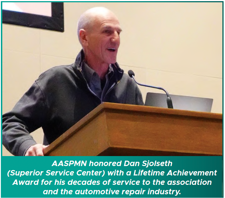 Dan Sjolseth speaking at a podium, with caption honoring his service to the automotive repair industry.